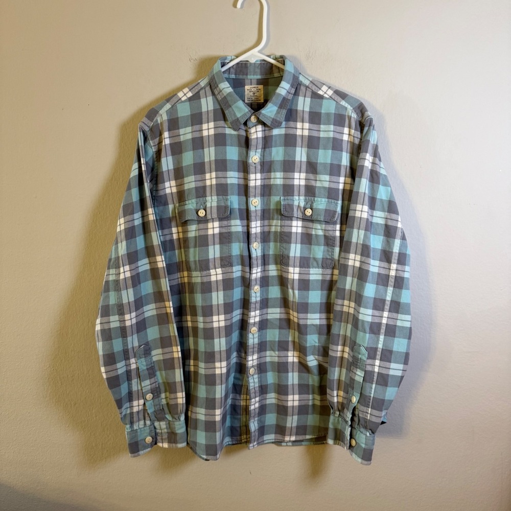 J.Crew Mens Flannel Button Down‎ Shirt Large Teal Grey Plaid Cotton Long Sleeve